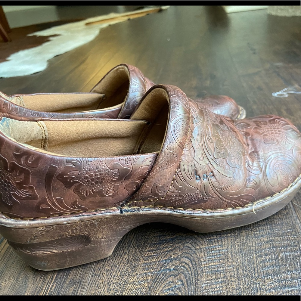BOC Brown Leather Tooled Floral Clogs